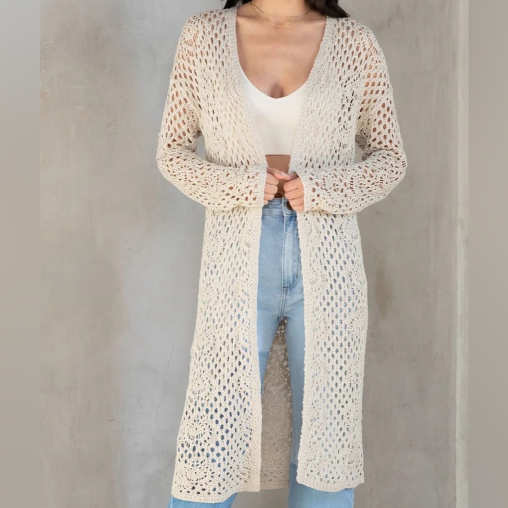 🌸 3/$25 Mossimo Open Front Crochet Knit Longline Duster Cream Cardigan, Size XS
